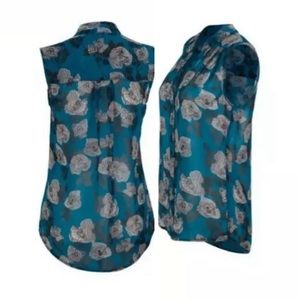 Cabi Floral Flowey Top Teal Black White Sleeveless Size XL